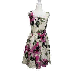 Elle Floral Fit & Flare Dress Size 14 Cream Pink Pockets Eclectic Grandpa Retro